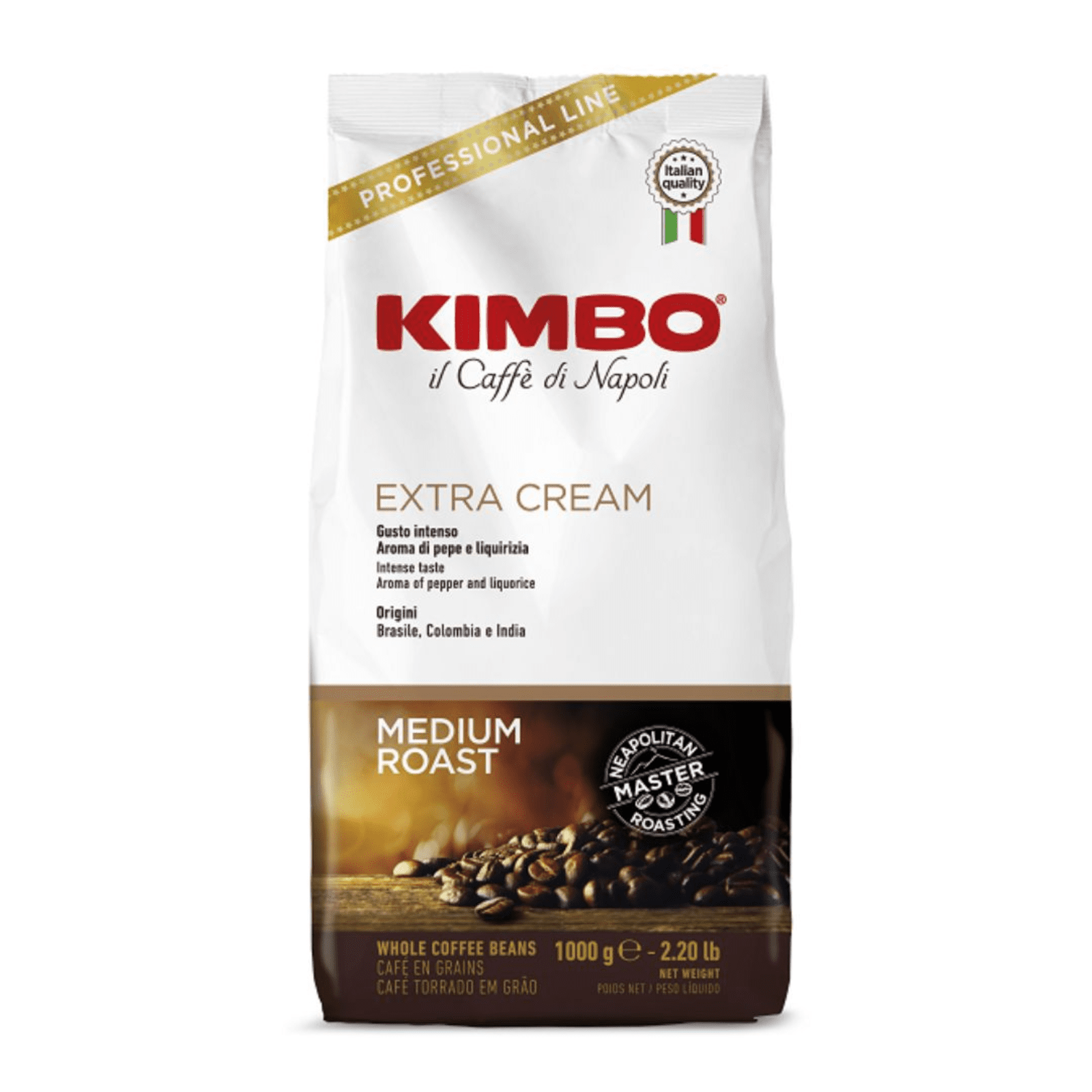 Пакет Кафе На Зърна Kimbo Extra Cream Beans 1 кг с лого и етикет