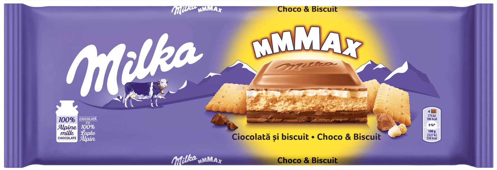 Млечен шоколад Milka с парченца бисквита, 300 г, опакован в лилава опаковка.