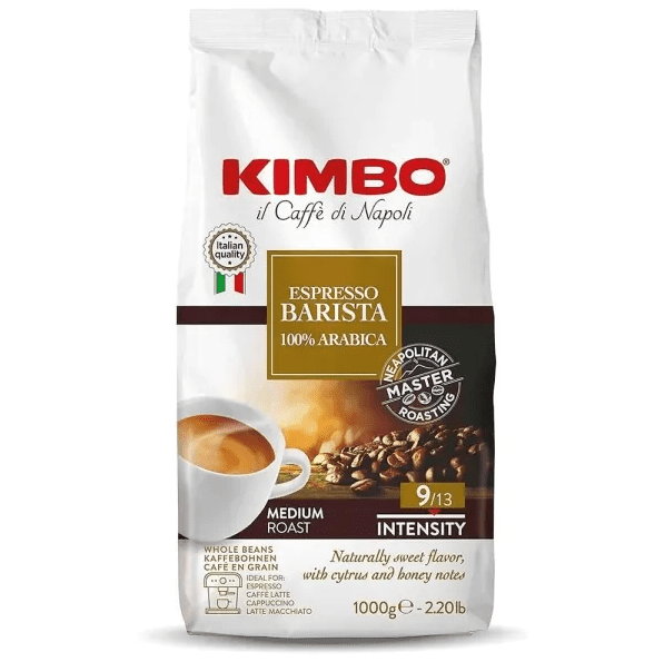 Пакет Kimbo Barista 100% Arabica кафе на зърна 1 кг с италиански дизайн.