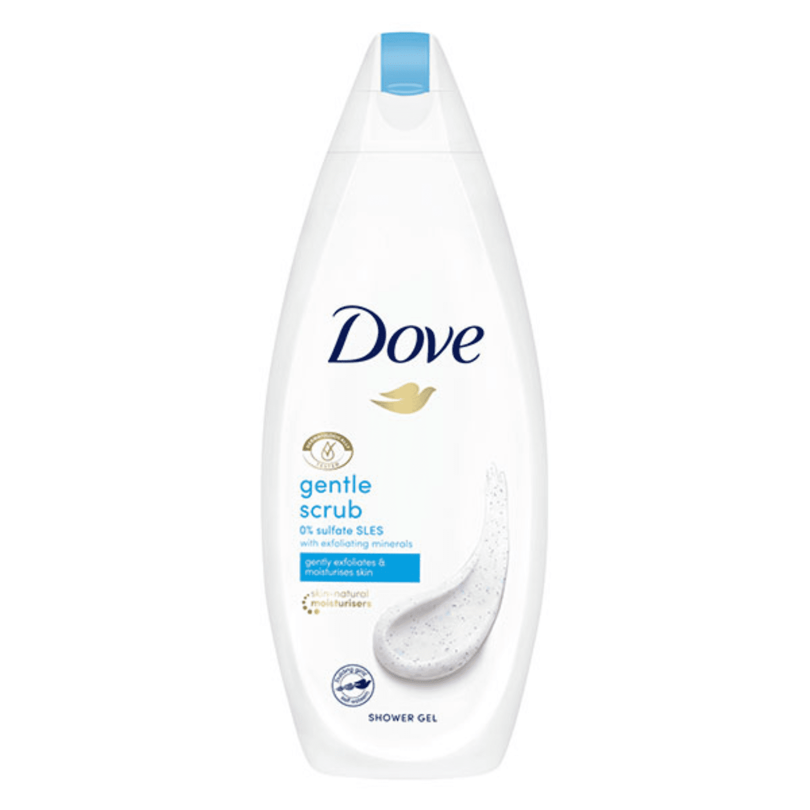 Бутилка Dove Gentle Скраб душ гел 250 мл с бяло и синьо опаковъчно оформление.