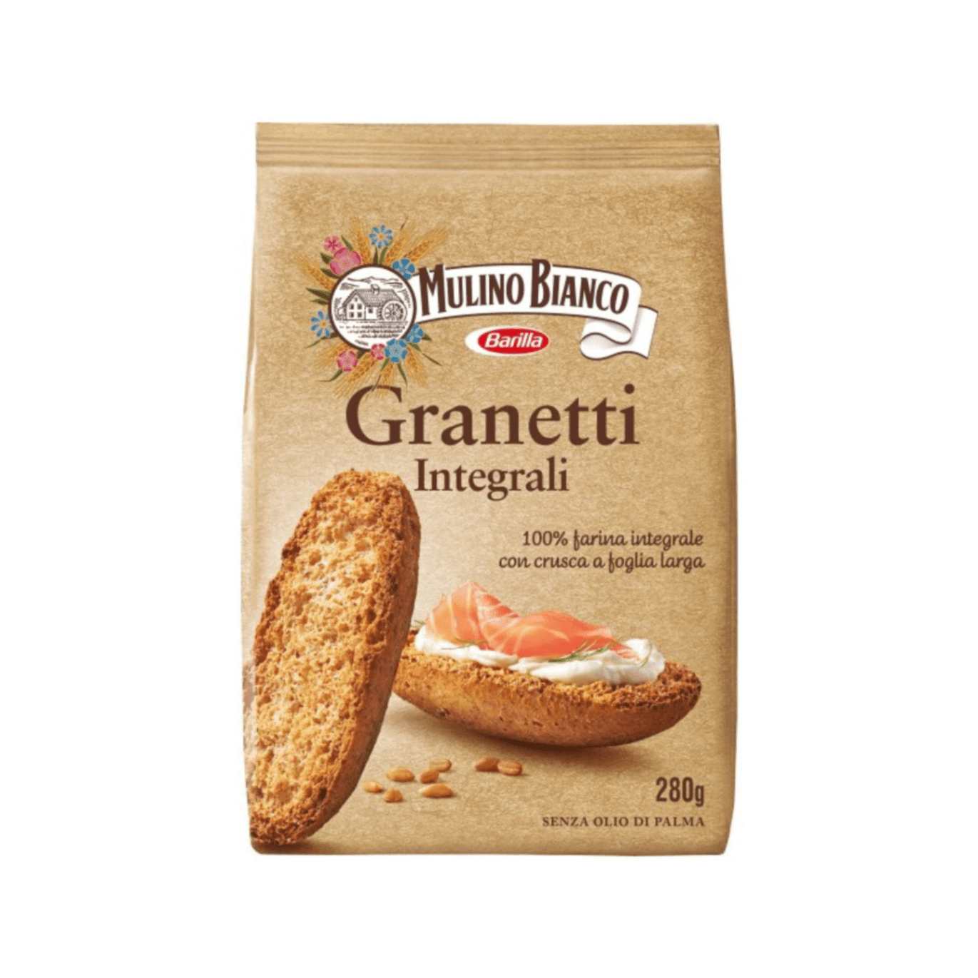 2639.png Опаковка 280 г Mulino Bianco пълнозърнести брускети Гранети – хрупкава здравословна закуска
