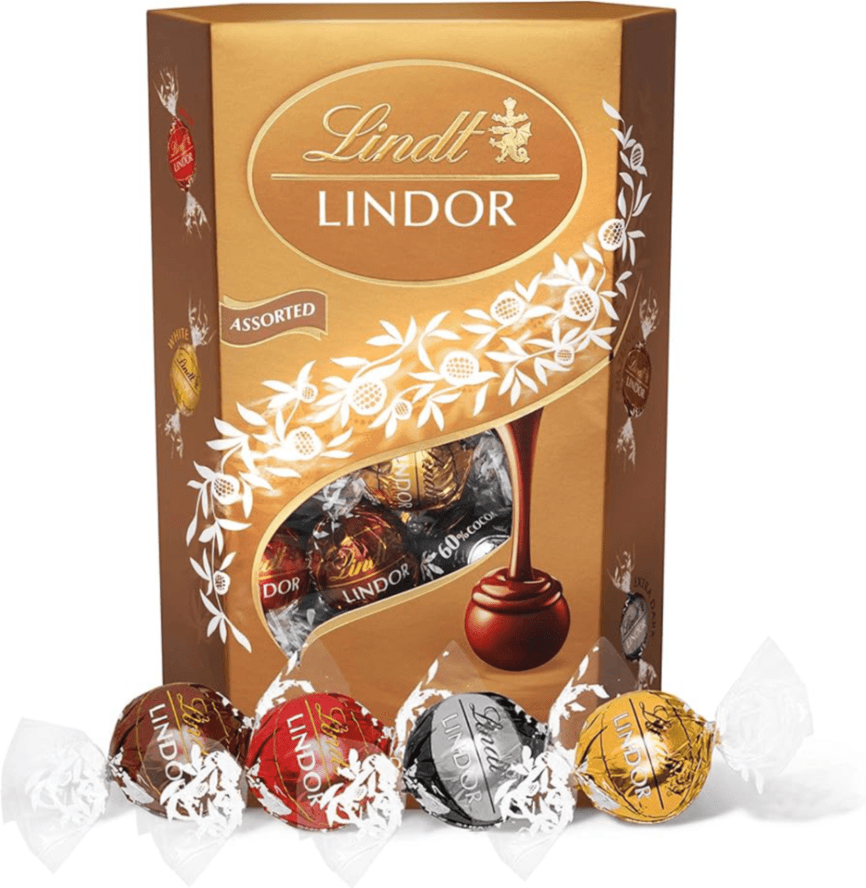 Опаковка Lindor Cornet Асорти бонбони 337 г с млечен, тъмен и бял шоколад.