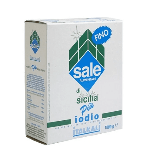 Опаковка от 1 кг ситна йодирана морска сол Italkali – продукт от Сицилия