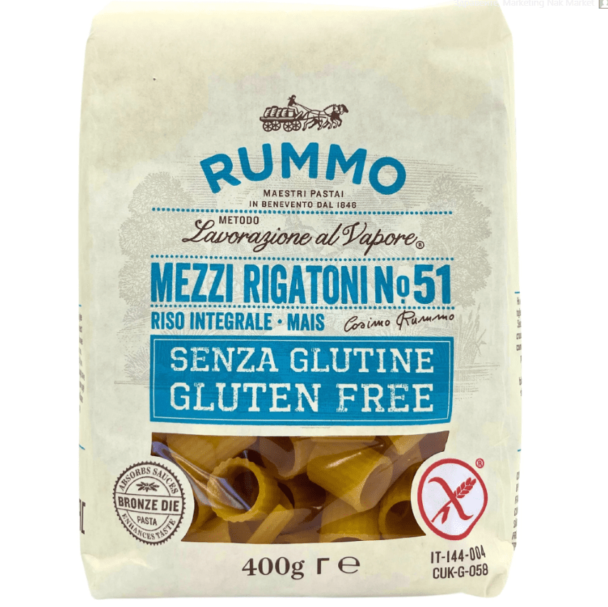 Опаковка Rummo №51 меззи безглутенови 400 г с форма на къси тръбички.