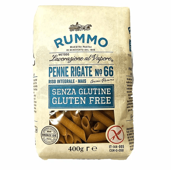 Опаковка Rummo №66 пенне ригате без глутен 400 г с видима рифелова тръбеста форма на пастата.