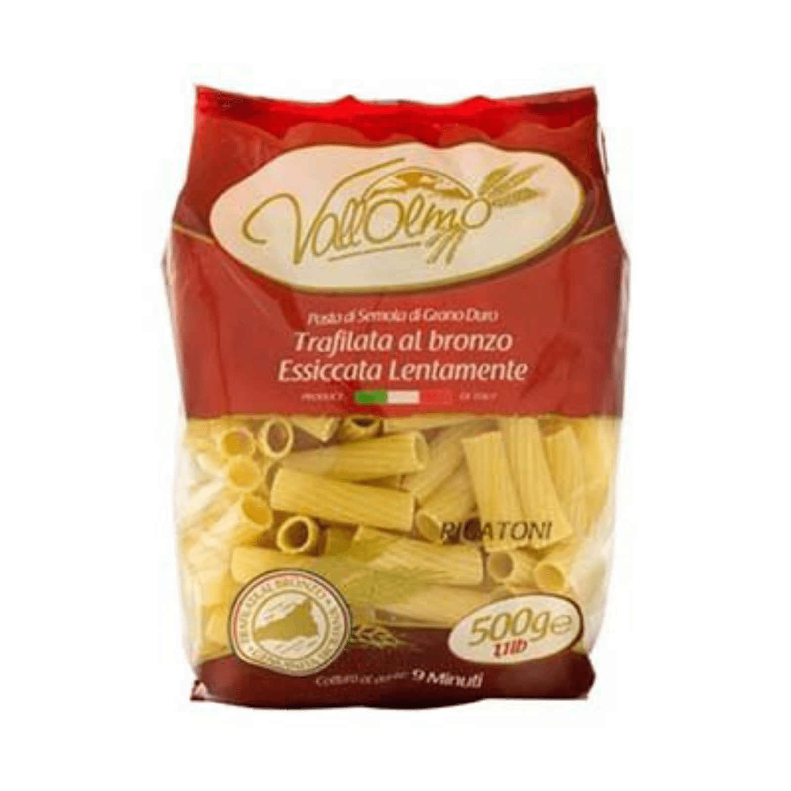 Опаковка Vallolmo паста ригатони 500 г с видима рифелова тръбеста форма.