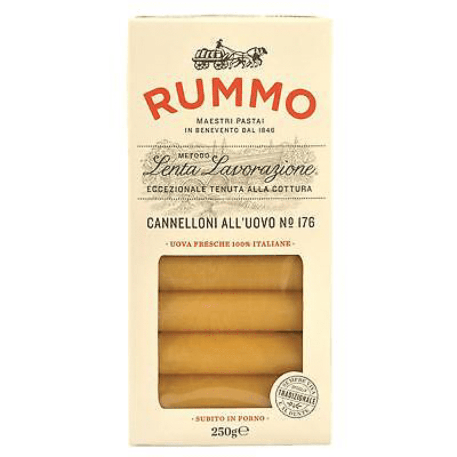 Опаковка паста RUMMO Канелони с яйца N°176 250 г с жълти и червени цветове на опаковката, показваща традиционен италиански дизайн.
