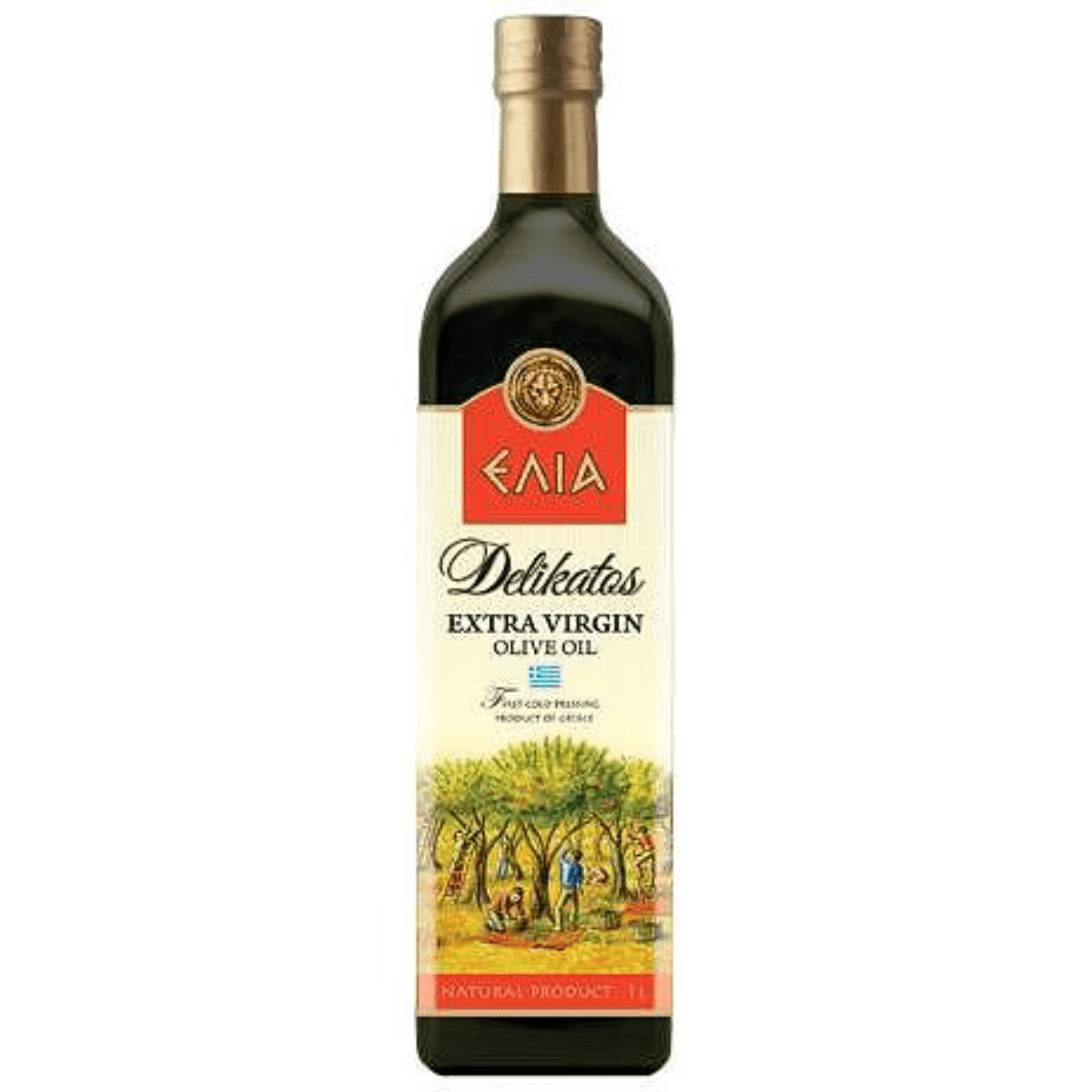 Бутилка маслиново масло Elia Екстра Върджин Delikatos 1 л – студено пресовано, без химикали, идеално за готвене и салати