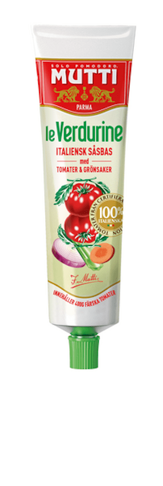 460079.png Туба с доматен концентрат със зеленчуци Mutti 130 г – класическа италианска опаковка с червен етикет и жълта капачка.