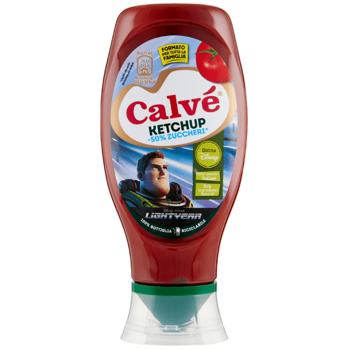 Бутилка Calvé Disney кетчуп – Top Down, 430 мл, с дизайн от Disney Pixar’s Lightyear, на бял фон