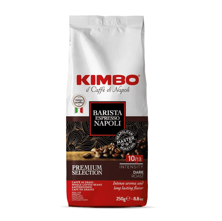 481.png Пакет кафе на зърна Kimbo Еспресо 250 г с илюстрация на кафени зърна и лого Kimbo