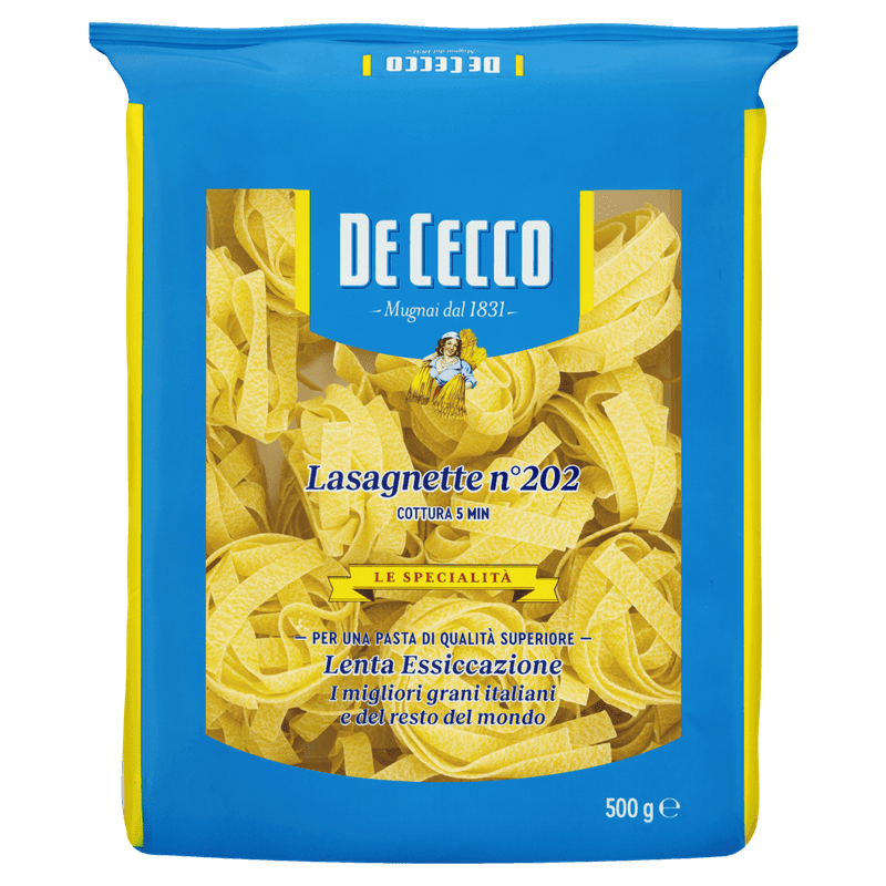Опаковка макарони Lasagnette 202 De Cecco 500 г – малки макарони с отлична текстура и вкус.
