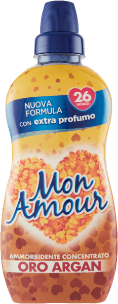 Омекотител Mon Amour Злато И Арган 650 мл – компактна бутилка с луксозен аромат и копринена мекота за прането.