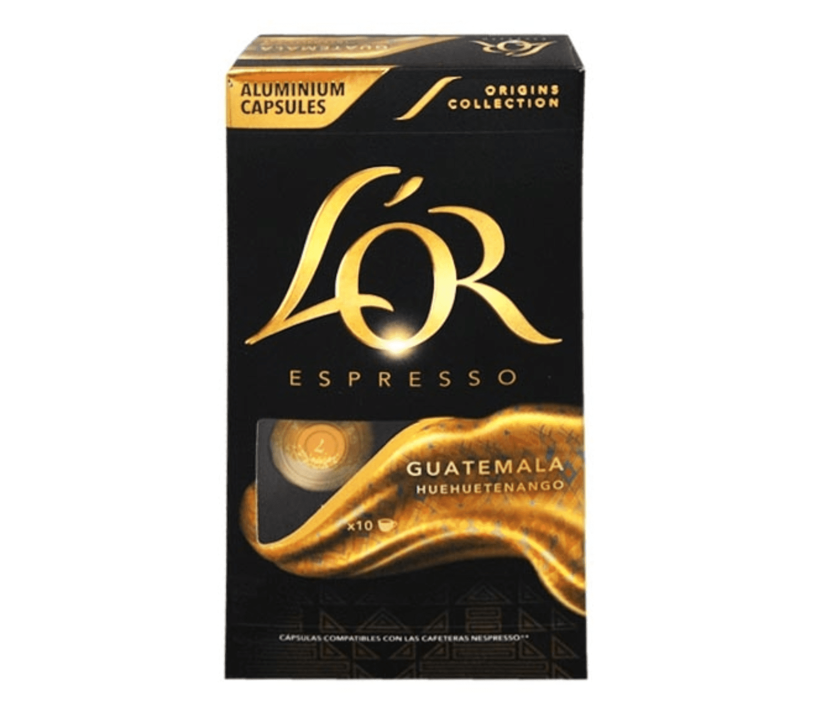 Кутия с 10 кафе капсули L'OR Guatemala, съвместими с Nespresso®, с елегантен златист дизайн