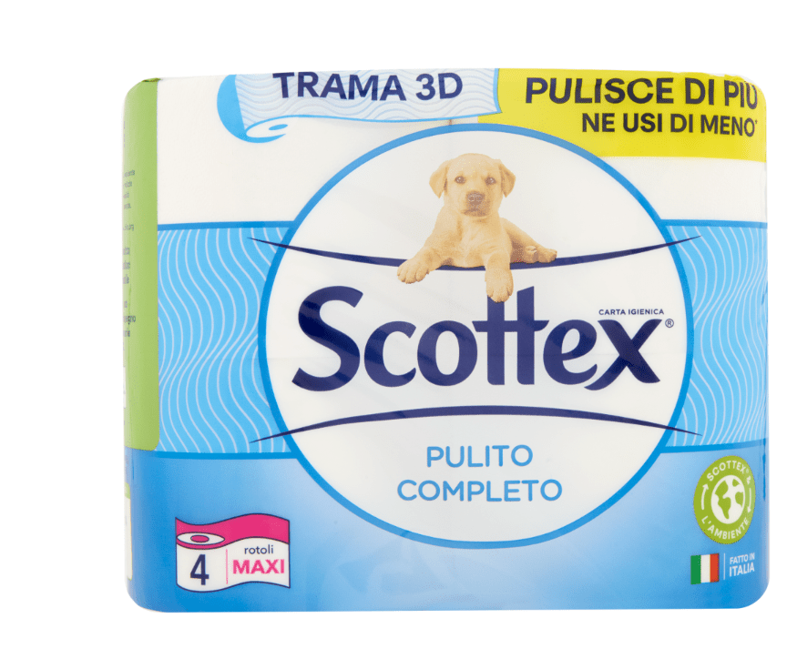 Опаковка с 4 макси рула тоалетна хартия Scottex на бял фон.