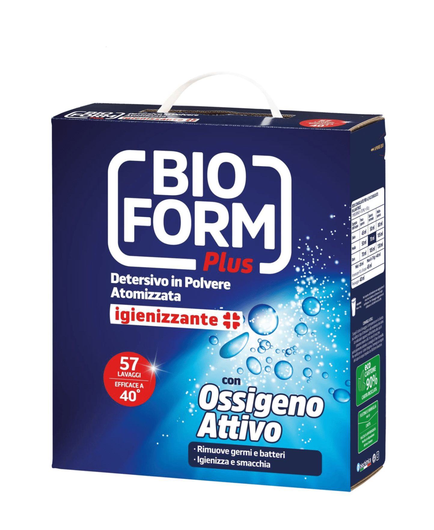 Опаковка прах за пране Bioform Fustone с 57 дози (2,85 кг), поставена на бял фон.