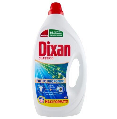 Бутилка течен перилен препарат Dixan Classico 2340 ml с етикет за 52 пранета.