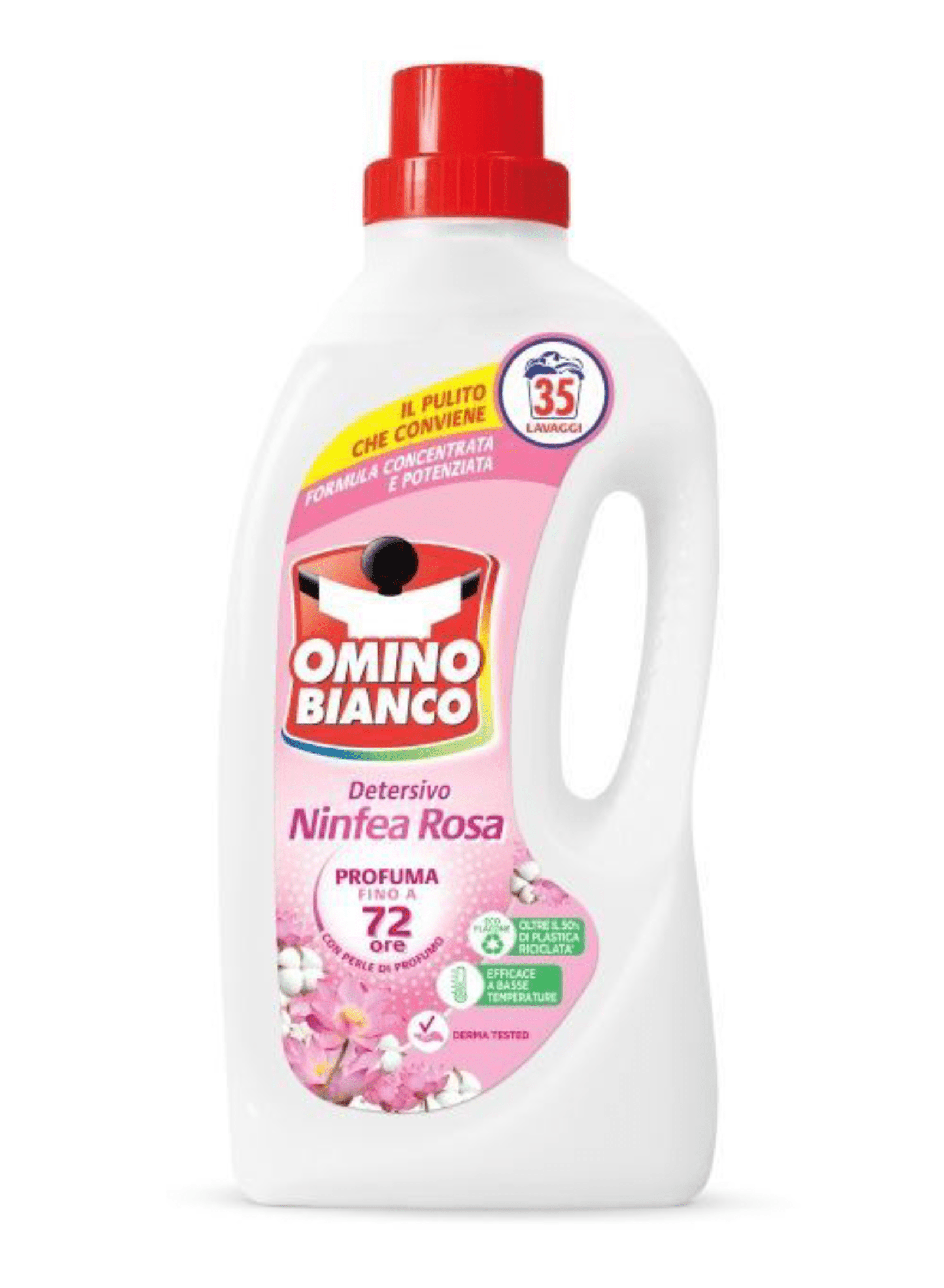 Бутилка течен перилен препарат Omino Bianco Ninfea Rosa 1400 ml за 35 пранета.