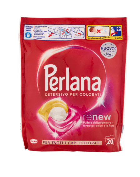 Опаковка с 20 капсули Perlana Ecodosi Color за пране на цветни дрехи.