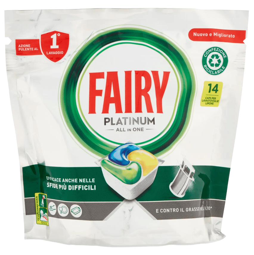 5315.png Опаковка на Fairy Platinum Lemon – 14 капсули за съдомиялна с жълти и бели елементи и лимонов акцент.