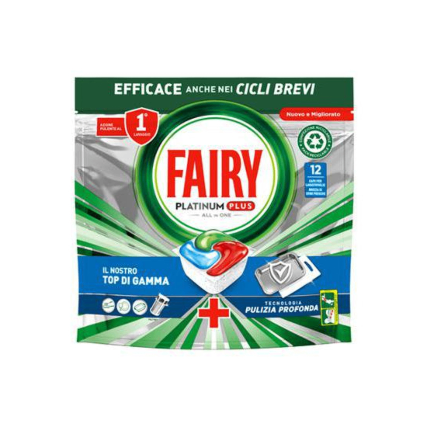 5316.png Fairy Platinum Plus X Blu – опаковка с 12 таблетки за съдомиялна в синьо и сребристо, символизираща мощно и премиум почистване.
