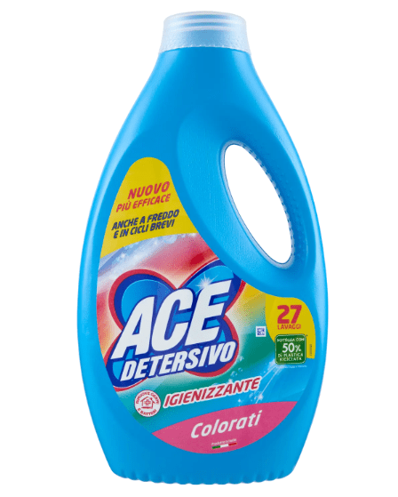 Опаковка течен перилен препарат Ace Цветно за 27 пранета с ярък и цветен дизайн на етикета.