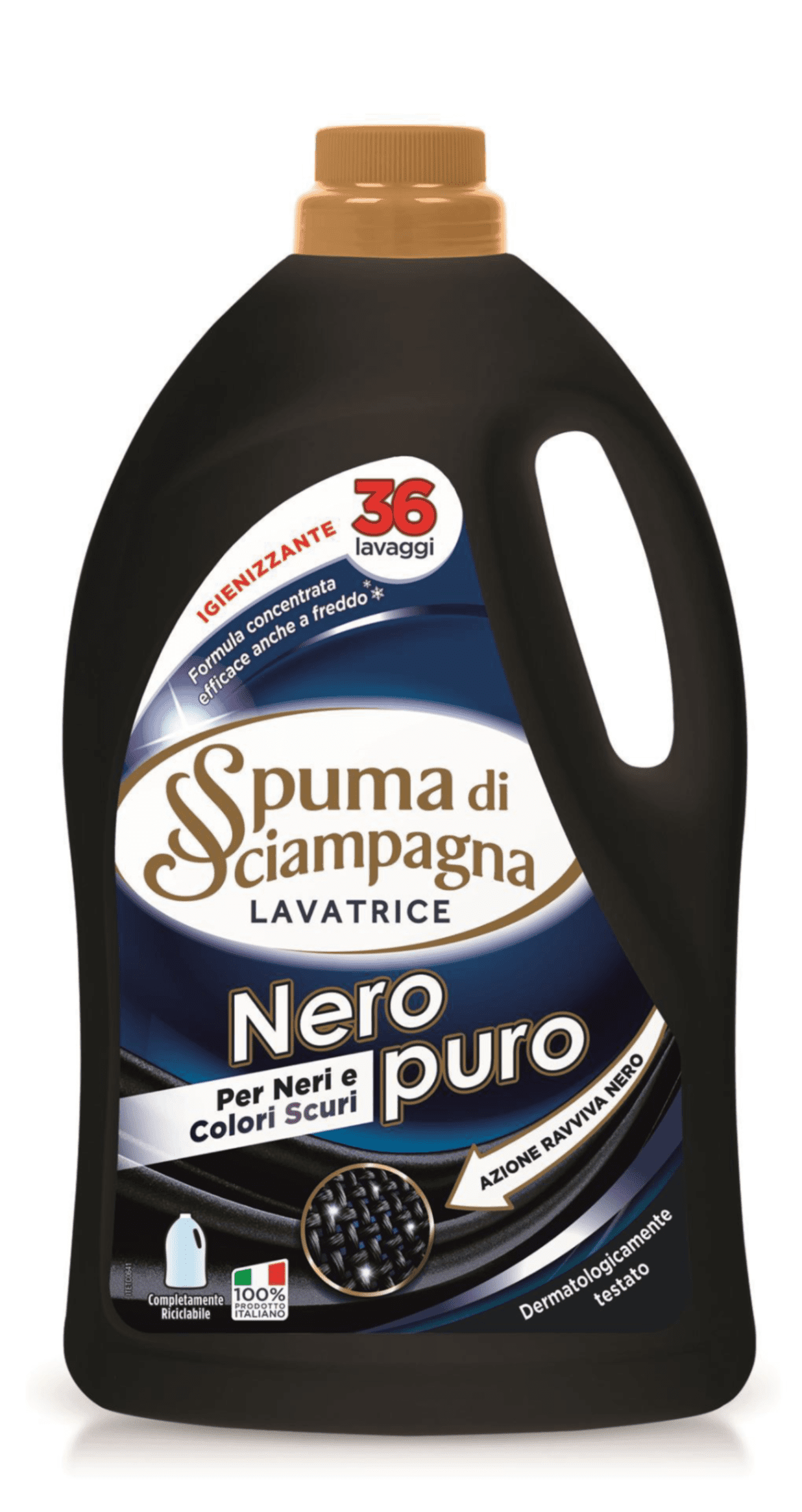 Течен перилен препарат Spuma Di Sciampagna за черни дрехи – 33–36 пранета, стилна тъмна бутилка.