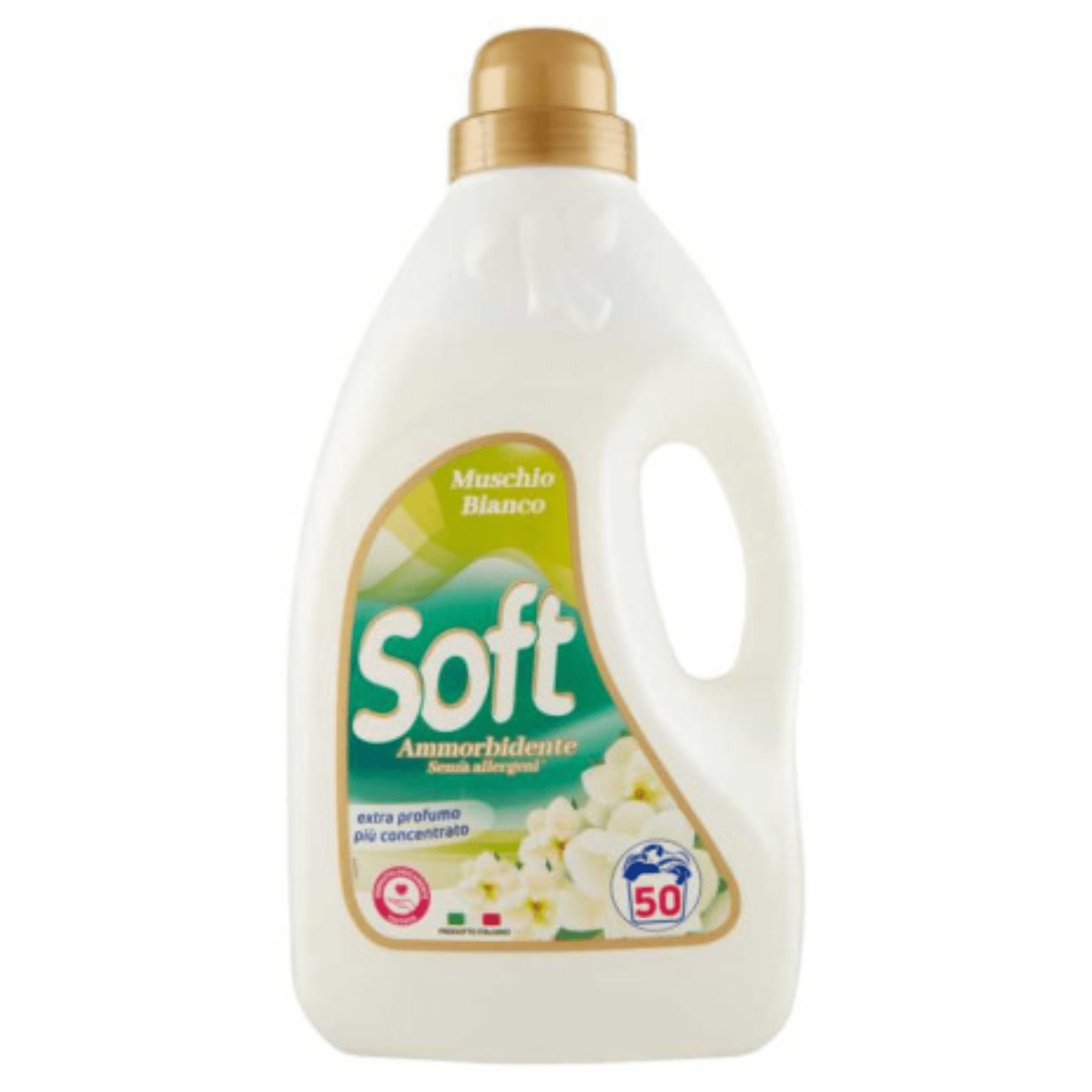 Омекотител Soft Musch Bianco 50 Пранета – бутилка с фин аромат на бял мускус и копринена мекота.