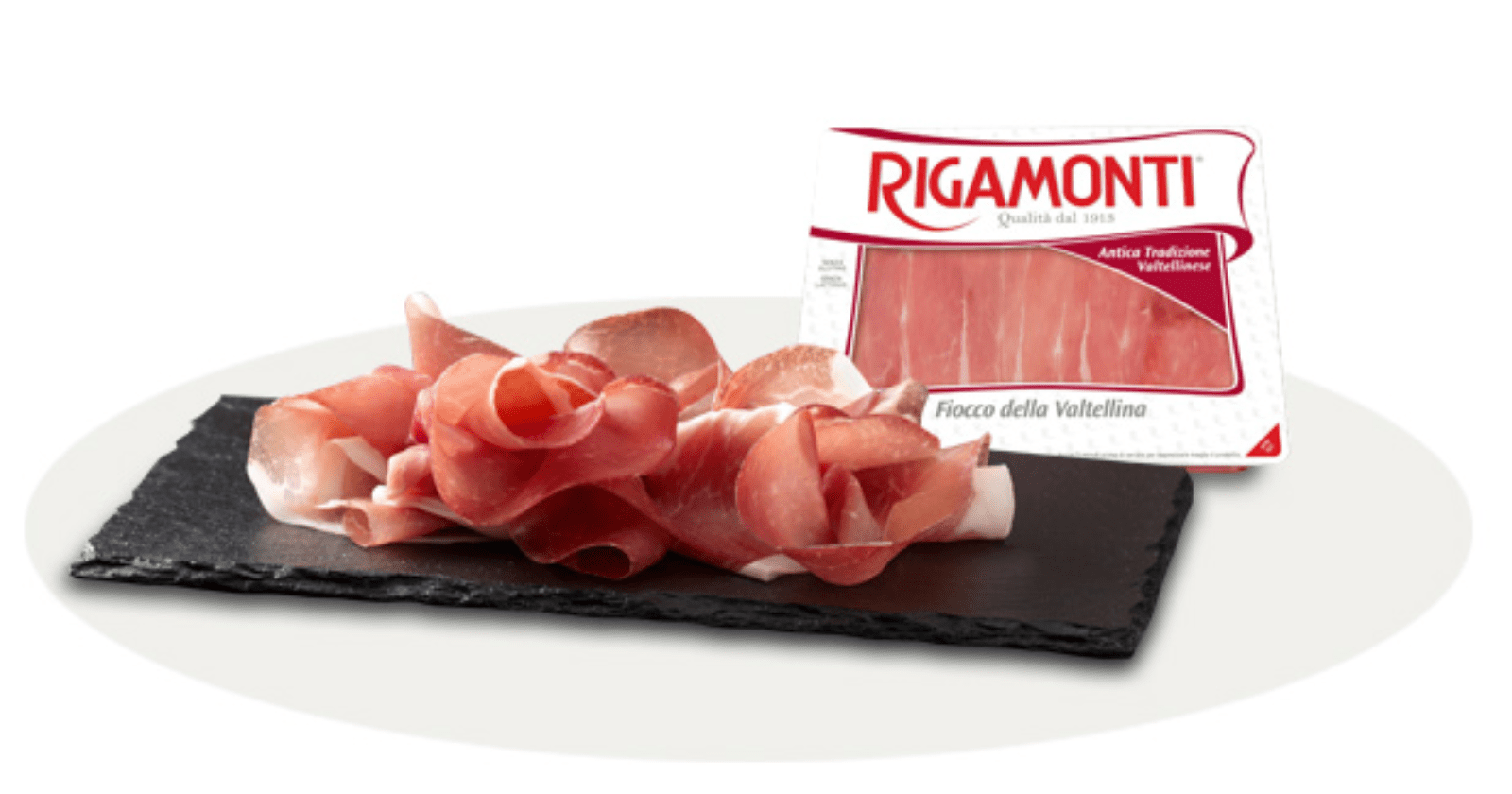 Опаковка Rigamonti Prosciutto Gourmet – изтънено, тънко нарязано прошуто със светлорозова плът и деликатни мазнинни вени.