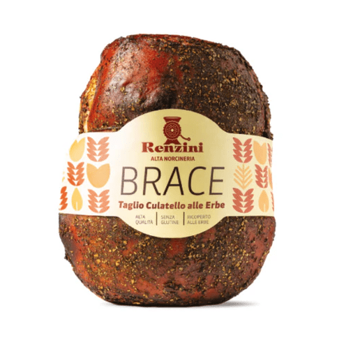 Опаковка шунка Renzini, печена на жар с билки – сочно изпечено месо с видими билкови подправки.