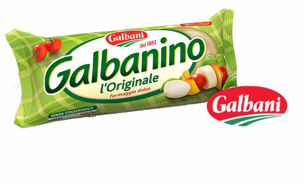 Galbanone – блок меко, леко сладко сирене, показано със заливка и разтечена текстура.