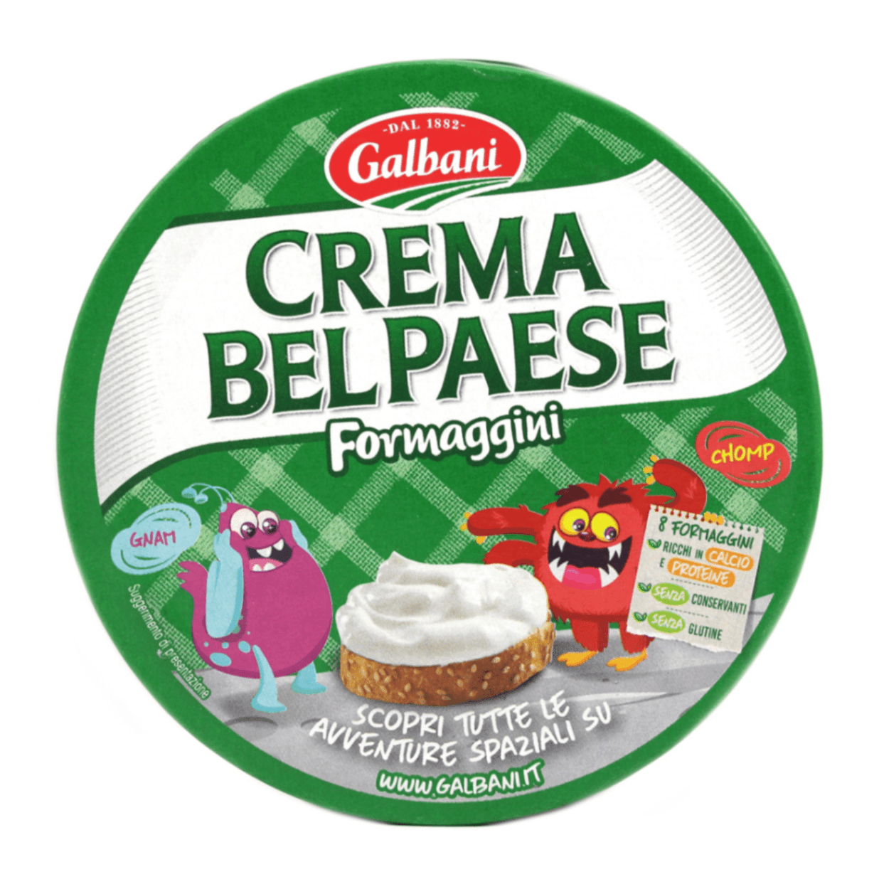 Опаковка с 8 порции крема сирене Galbani Бел Паезе върху светъл фон.