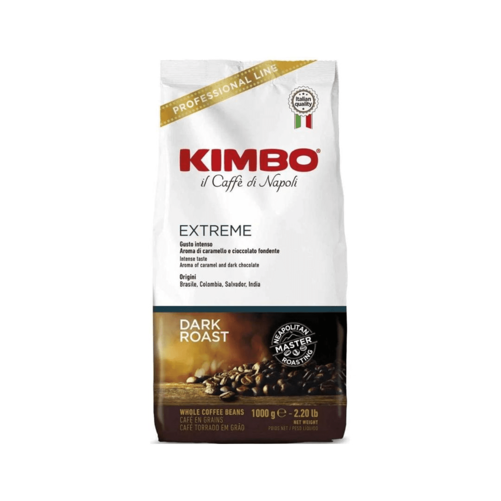 Пакет Кафе На Зърна Kimbo Extreme Beans 1 кг с лого и етикет