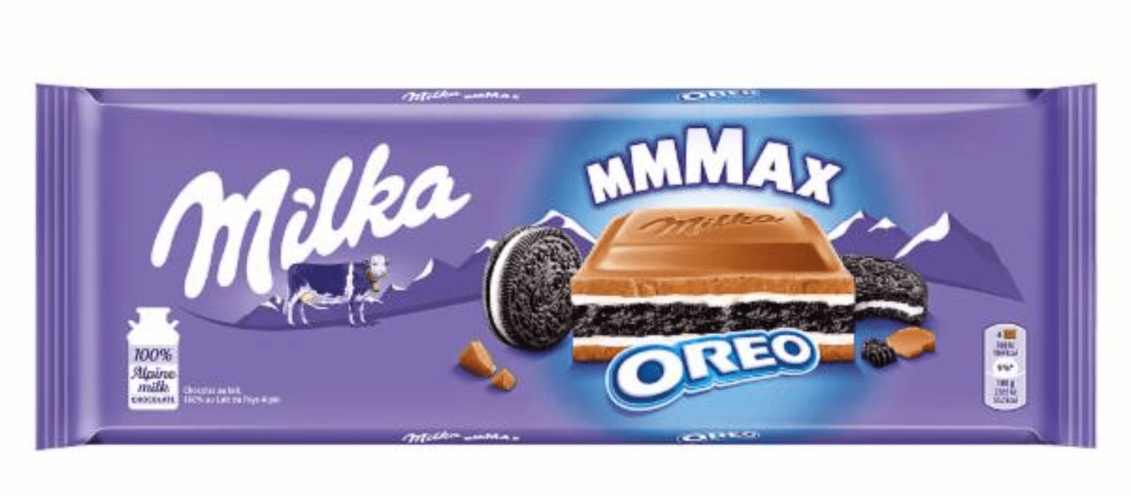 1301.png Плочка млечен шоколад Milka с парченца Oreo бисквити 300 г в лилава опаковка.