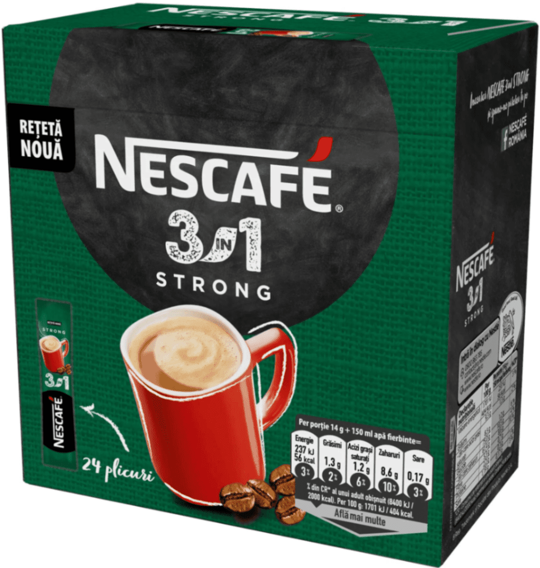 Кутия с 24 пакетчета Nescafe 3 в 1 Strong – разтворимо кафе със сметана и захар