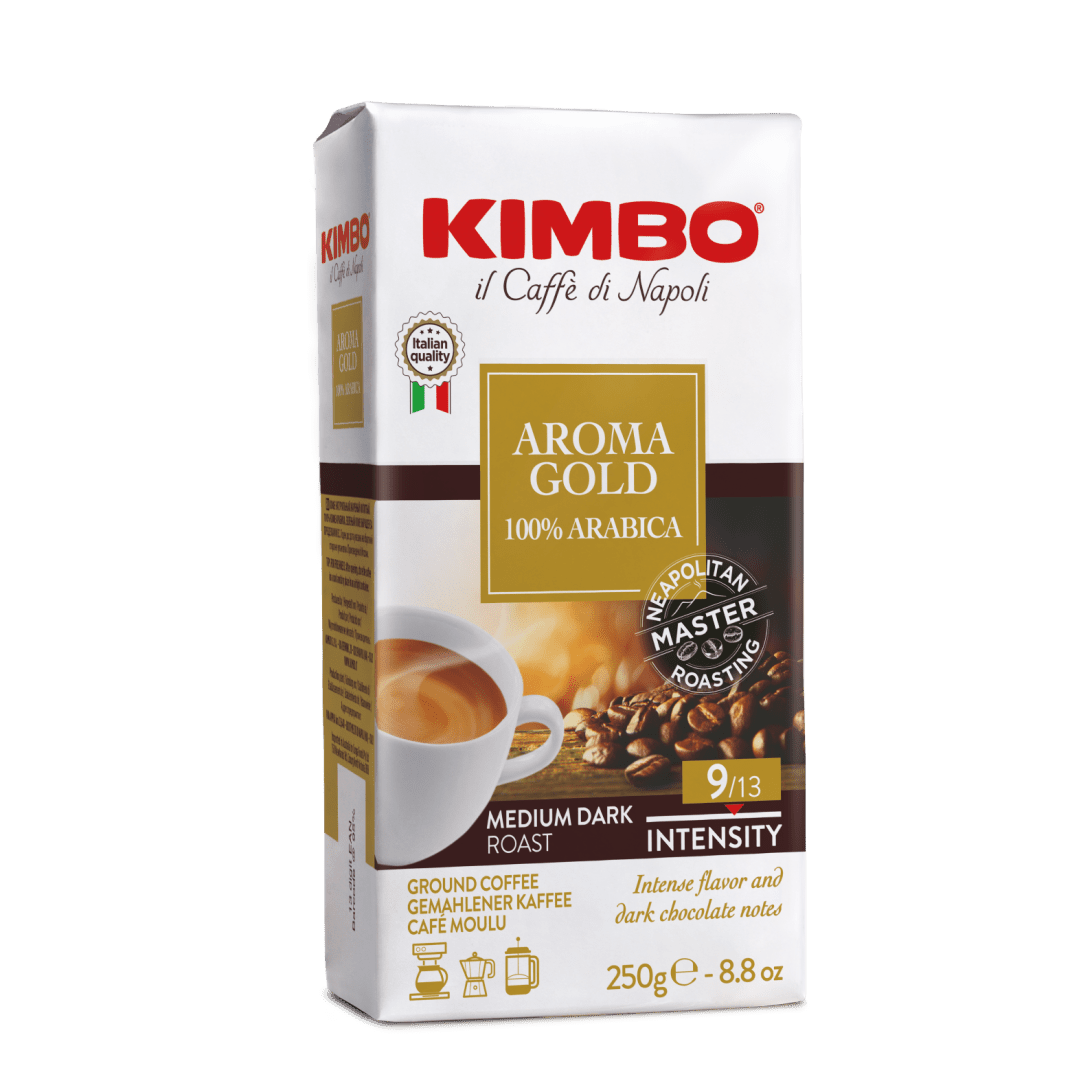 Опаковка мляно кафе Kimbo Aroma Gold 250 г – 100% Арабика с богат вкус и елегантен аромат.