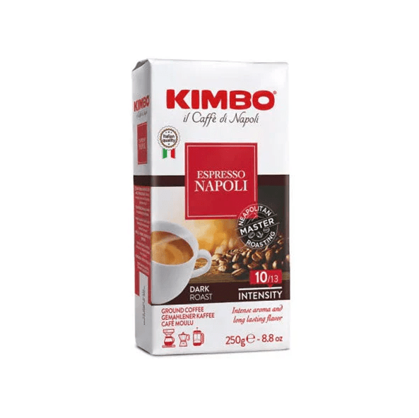 1656.png Опаковка мляно кафе Kimbo Espresso Napoli 250 г – тъмно изпечено кафе с интензивен вкус и аромат.