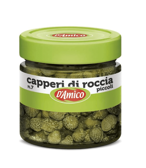 181.png Стъклена бурканче с каперси D'Amico в оцет 100 г – малки, зелени каперси, съхранявани в винен оцет и сол, без добавки.