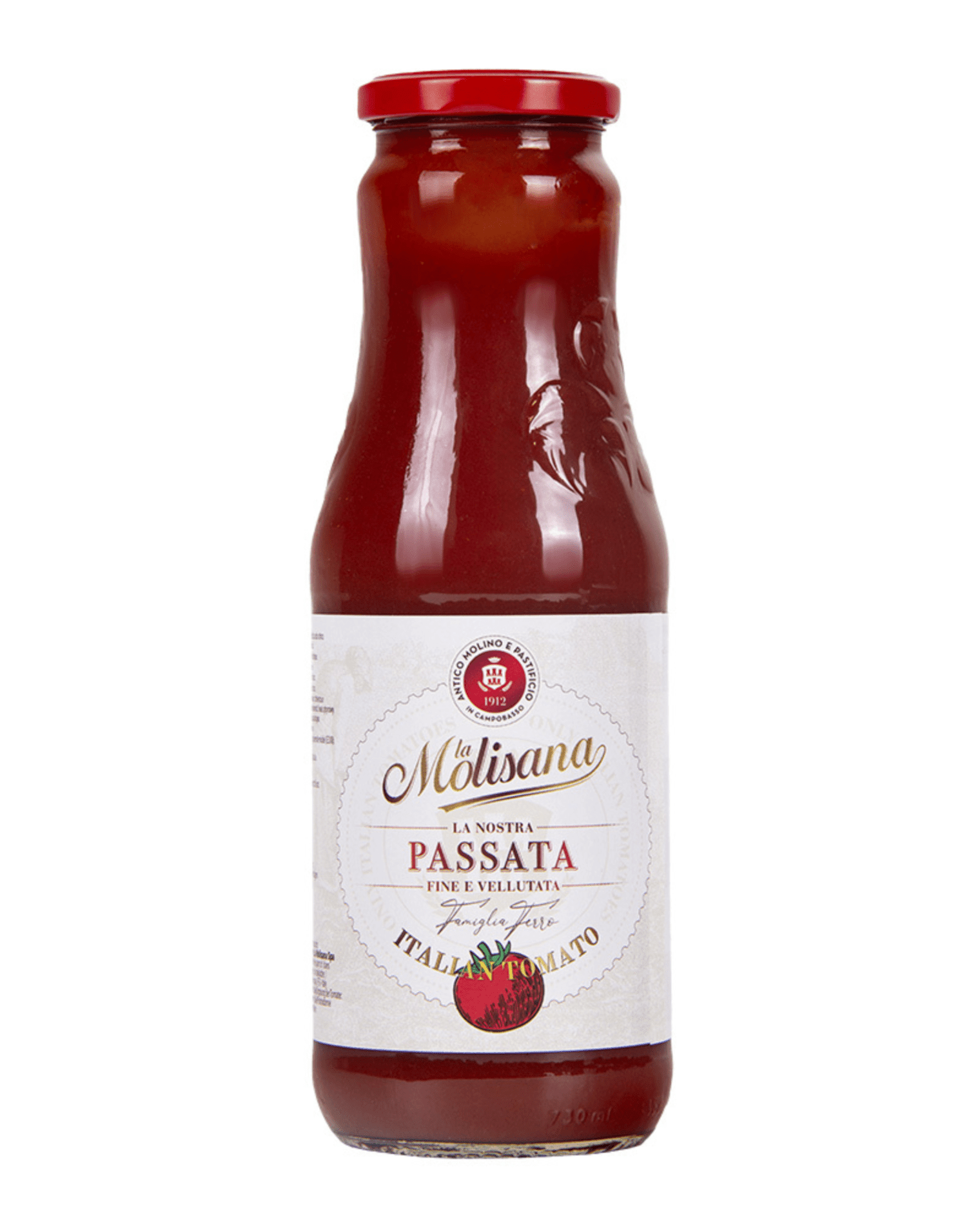 2085.png Доматено пюре Molisana 690 г – стъклена бутилка с гъсто червено пюре на светъл фон