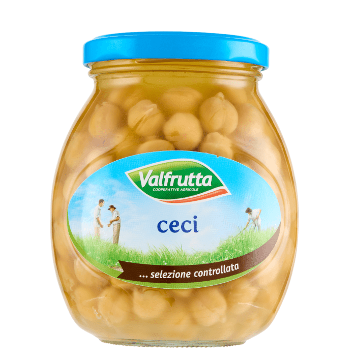 2187.png Стъклен буркан с варен нахут Valfrutta 360 г – цяло, плътно сварено съдържание в прозрачен буркан с минимална слуз.