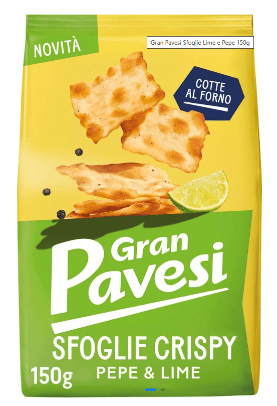2652.png Опаковка 150 г Gran Pavesi снак с лайм и пипер – хрупкава закуска с освежаващ цитрусов и пикантен вкус.