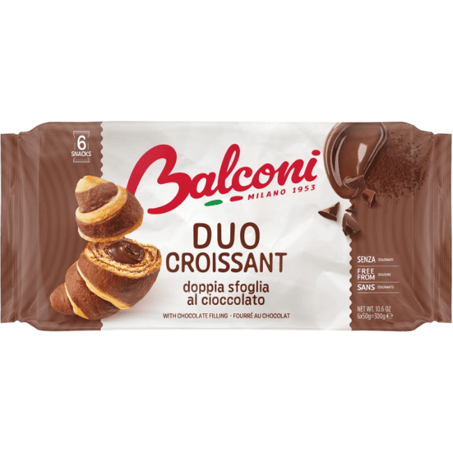 Кутия Balconi Duo – 6 шоколадови кроасана по 50 г, индивидуално опаковани.
