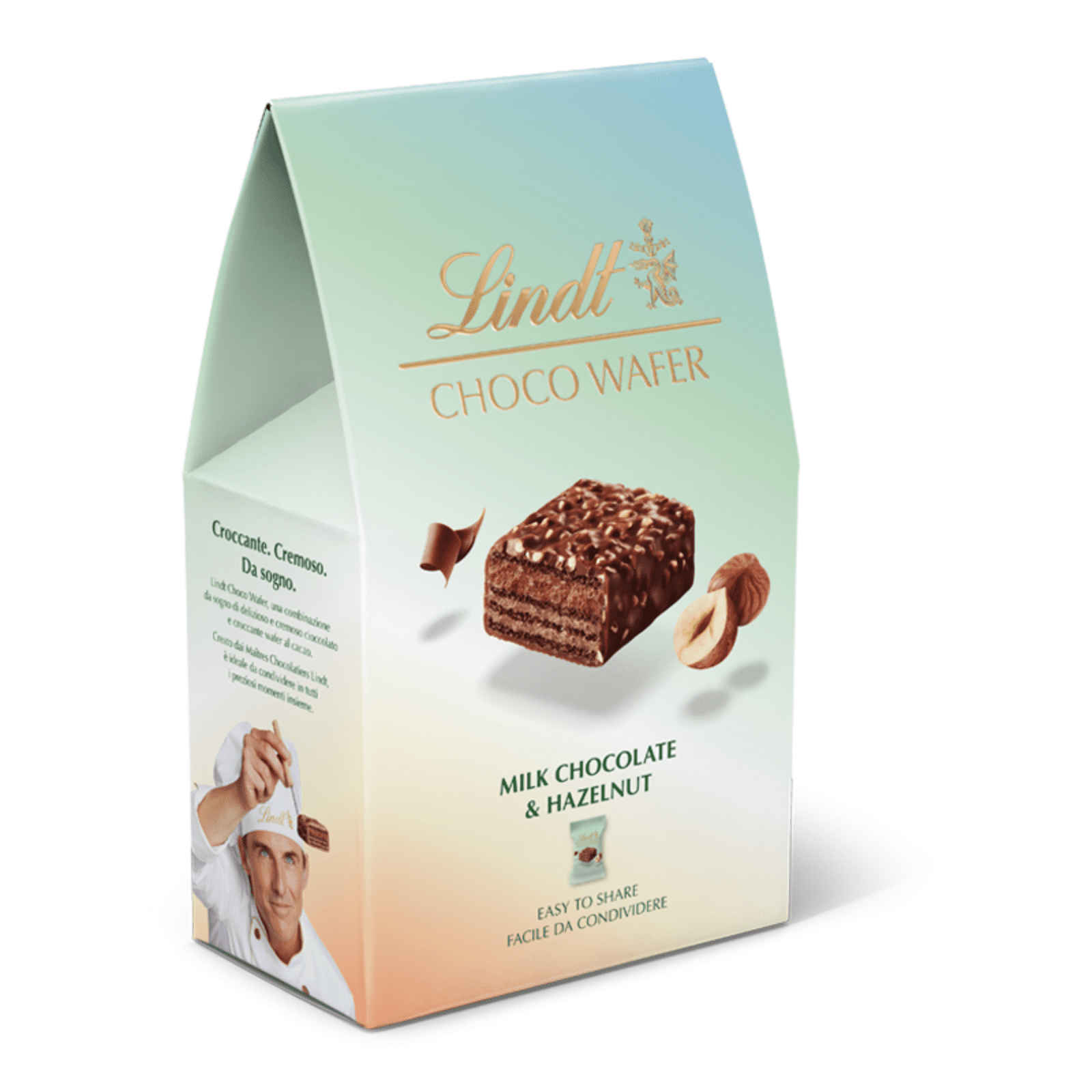 3221.png Опаковка Lindt вафла с лешници и млечен шоколад 135 г – хрустяща вафла, покрита с млечен шоколад и ядки.