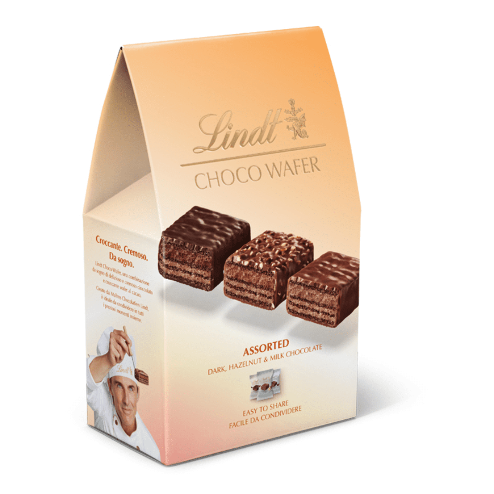 Опаковка Lindt Вафла Асорти 138 г – хрупкави какаови вафли с шоколадови покрития и лешници.