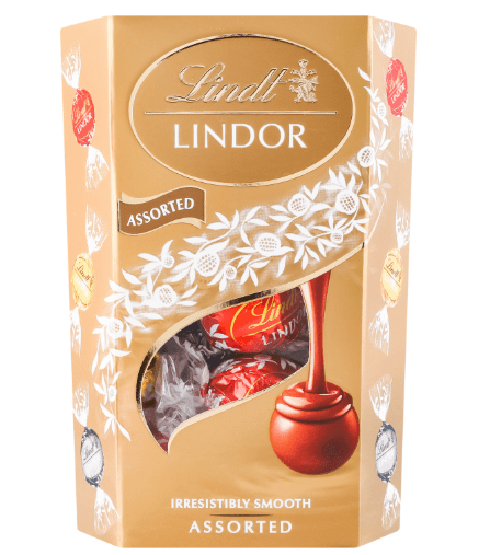 3264 Опаковка Lindor Cornet бонбони Асорти 137 г – млечен, тъмен и бял шоколад с топящ се пълнеж.