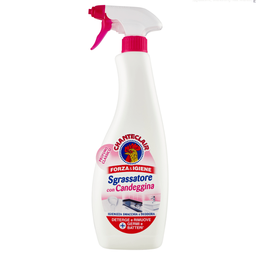Бутилка обезмаслител Chanteclair с белина 625 мл с пулверизатор и жълт етикет.