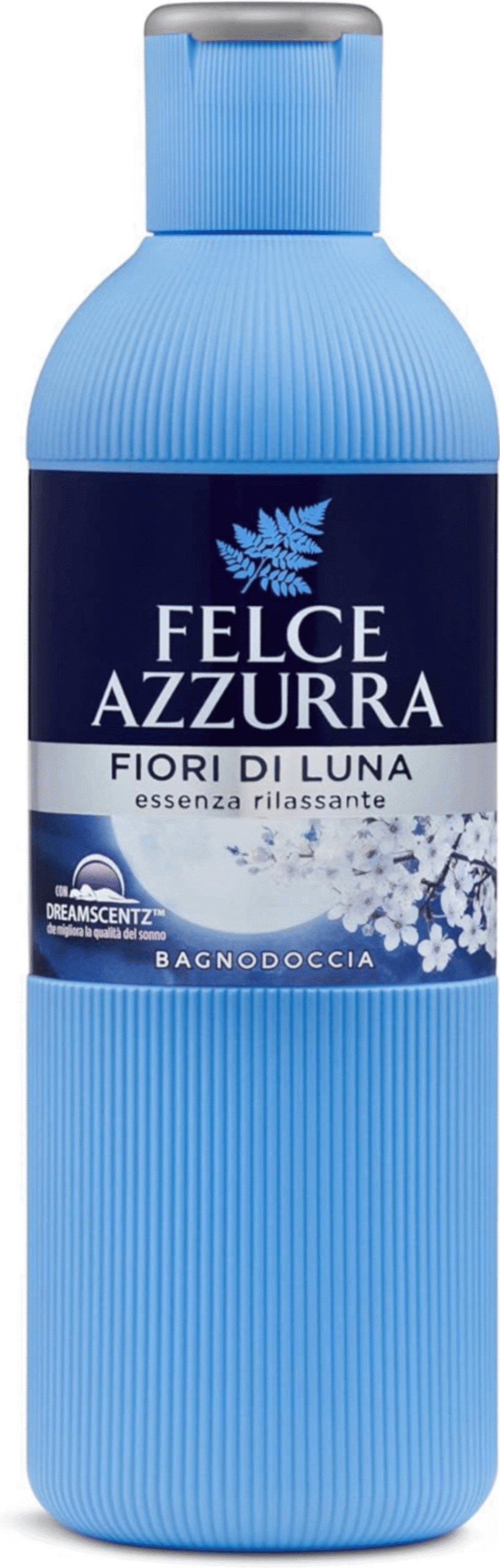 Бутилка душ гел Felce Azzurra Лунни цветя 650 мл с елегантен син дизайн и флорални мотиви