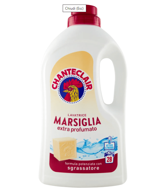 4300.png Бутилка течен перилен препарат Chante Clair с марсилски сапун – 28 пранета, с ретро етикет и емблематична кокошка.