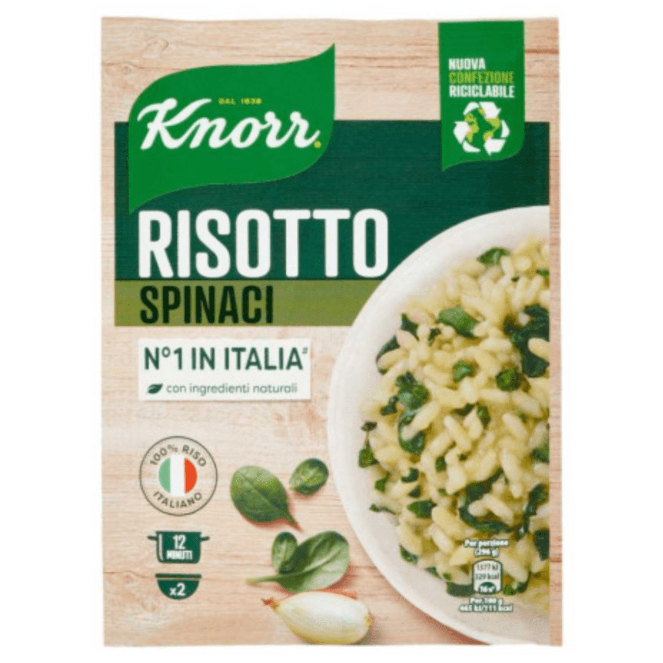 Опаковка Ризото Knorr Със Спанак 175 г с изображение на кремообразно зеленикаво ризото със спанак.
