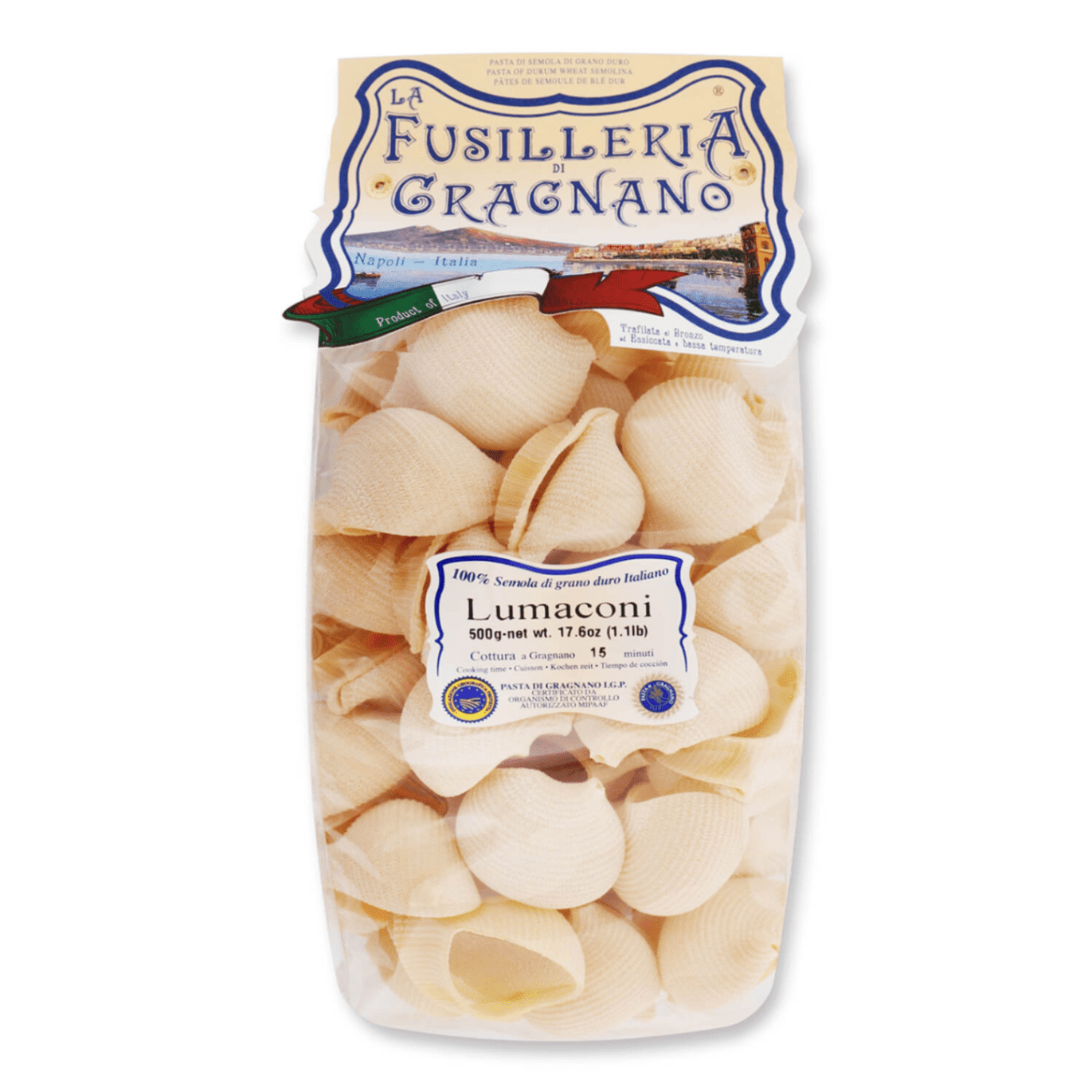 440059.png Опаковка Fusilleria IGP Lumaconi паста 500 г с изображение на големи пасти в опаковката.